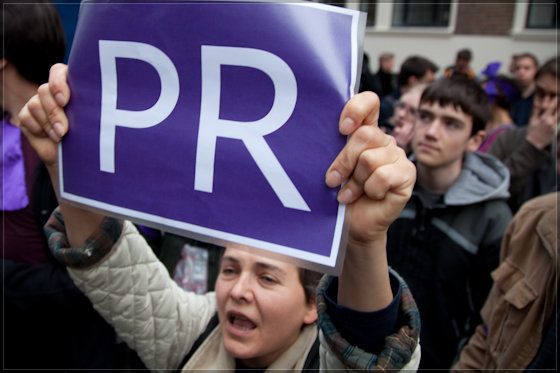 Proportional representation banner at the electoral reform protest, Palmer Street, London