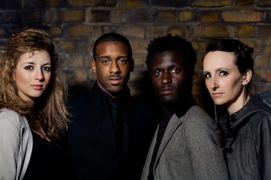 Sector7 vocal quartet, group portrait by Mat Smith Photography outside the 606 Club, Chelsea