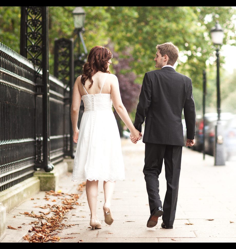 Wedding couple on an autumn walk, Regent's Park, London