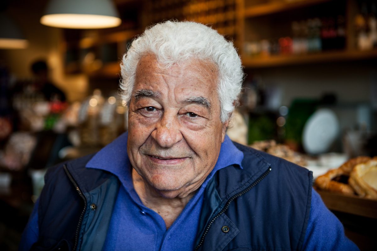 Antonio Carluccio, chef, natural light portrait by Mat Smith Photography in his deli restaurant, Chiswick