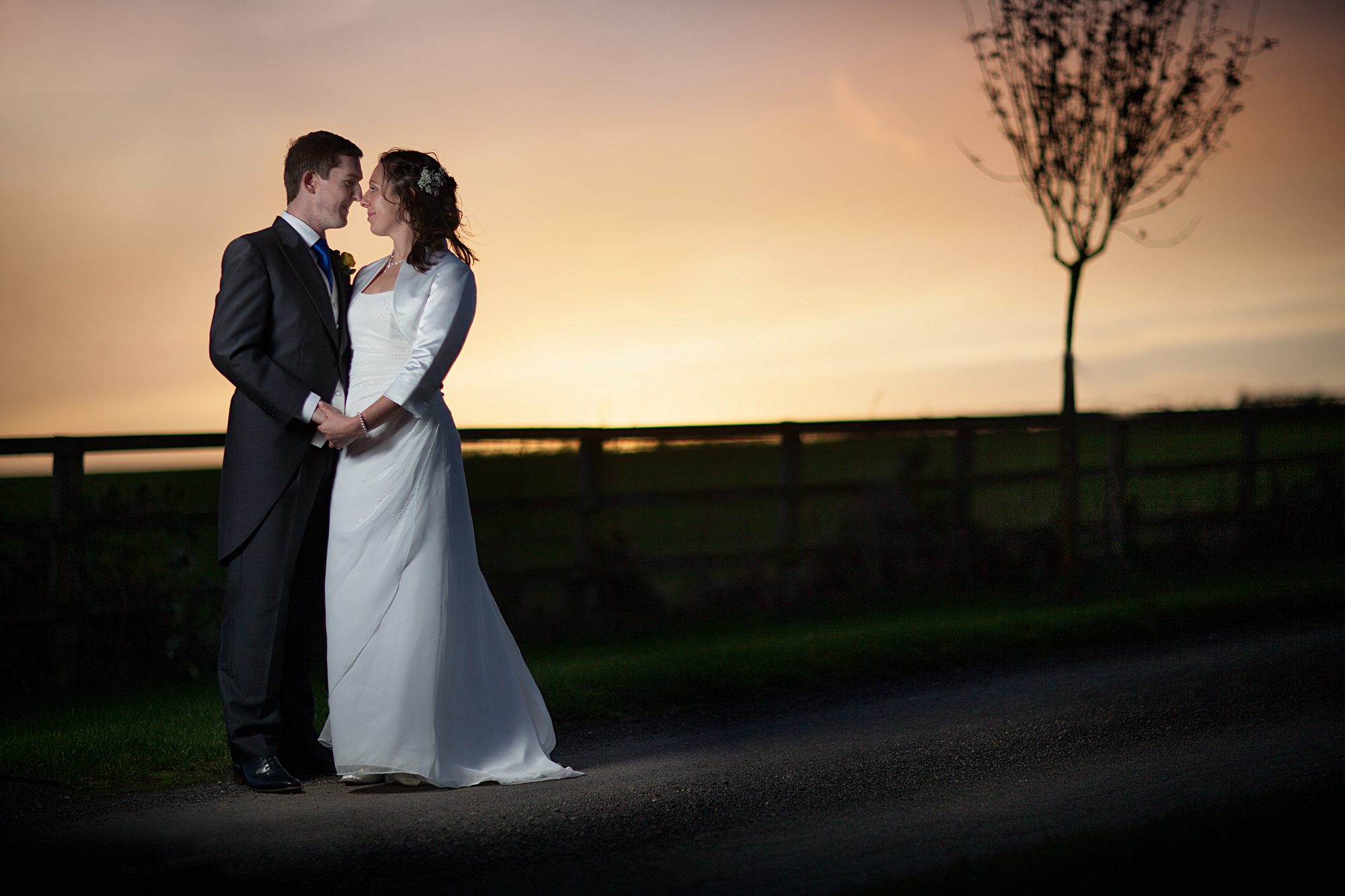Carly and Nick, autumn sunset wedding portrait by Mat Smith Photography, Notley Tythe Barn, Long Crendon